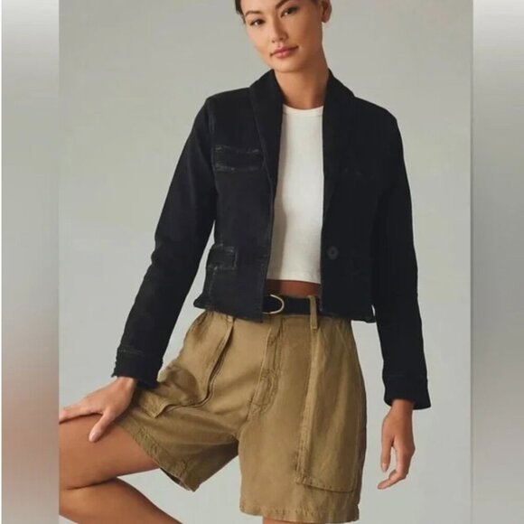 Pilcro Anthropologie Cropped Black Denim Jacket Button-Down Size Medium Women's